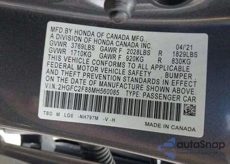 2021 Honda Civic Sport z USA, uszkodzony, nr VIN 2HGFC2F88MH560085